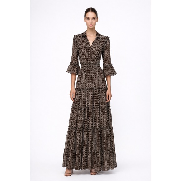 Misa Los Angeles Dresses & Skirts - MISA Los Angeles Geometric Print Tiered Maxi Dress Flutter‎ Sleeve Collared XS/S